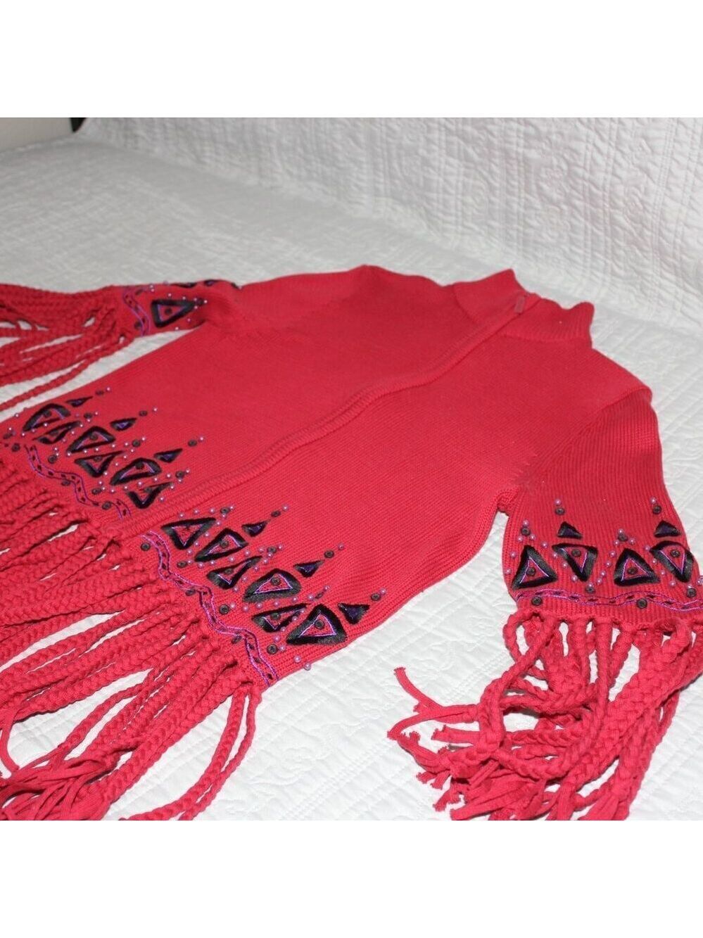 Bob Mackie Wearable Art Womens Pink Sweater Zip Fringe Embroidered Size Medium - Picture 5 of 11